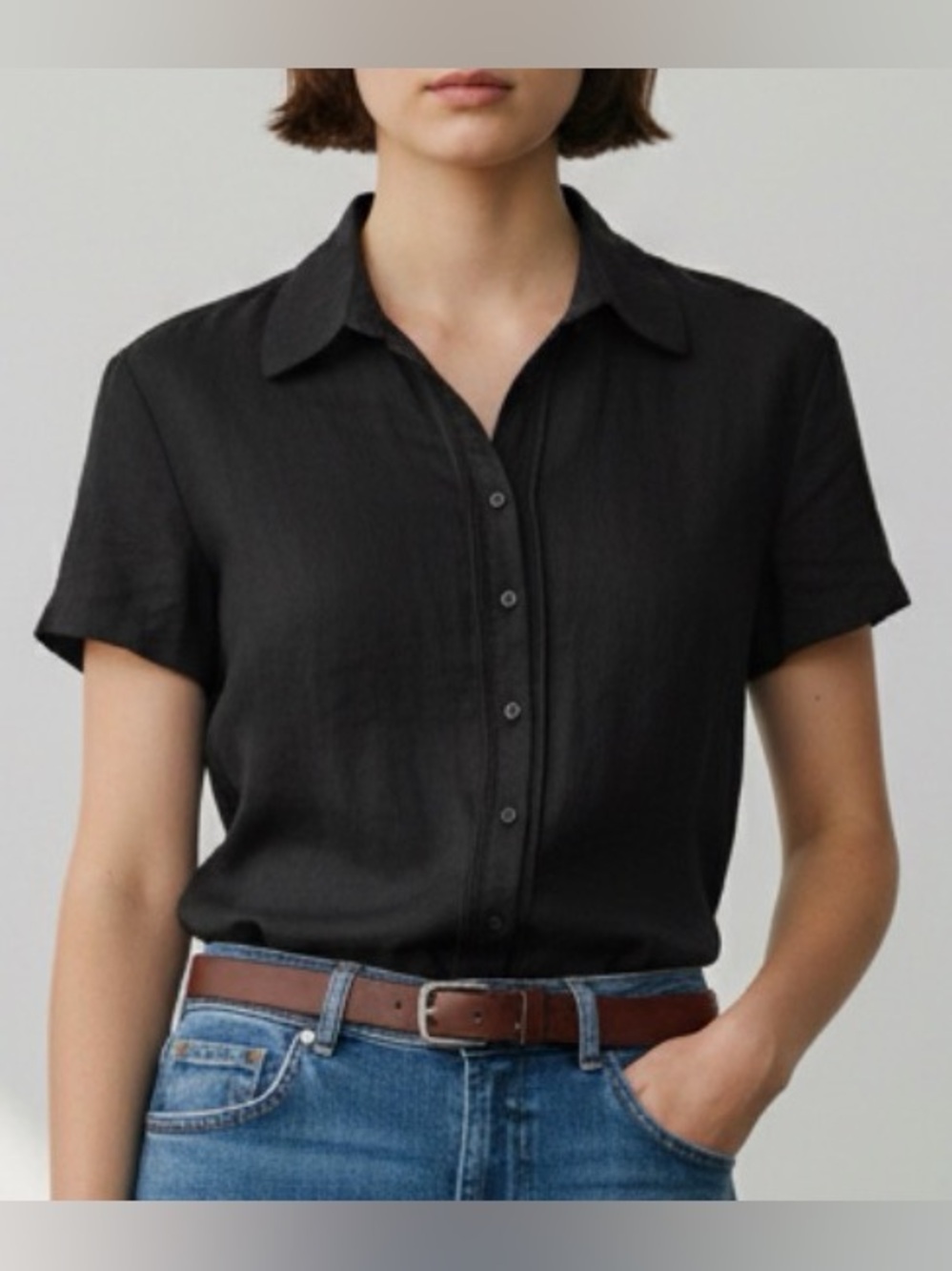 Sherry Taylor Ramie Blend Short Sleeve Button Down Top